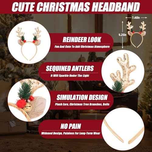 Christmas Headbands Gold Christmas Glitter Elk Antlers With Jingle Bells Hair Accessories Holiday Party Gift for Women Girl Costume Accessory Christmas Party Supplies