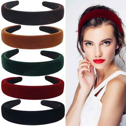 5Pcs Velvet Wide Headband for Women Black Green Red Headband Christmas Accessories Gift Soft Padded Headband Fashion Headband Non Slip Vintage Head Band Plastic Headband Assorted 90s Hair Band