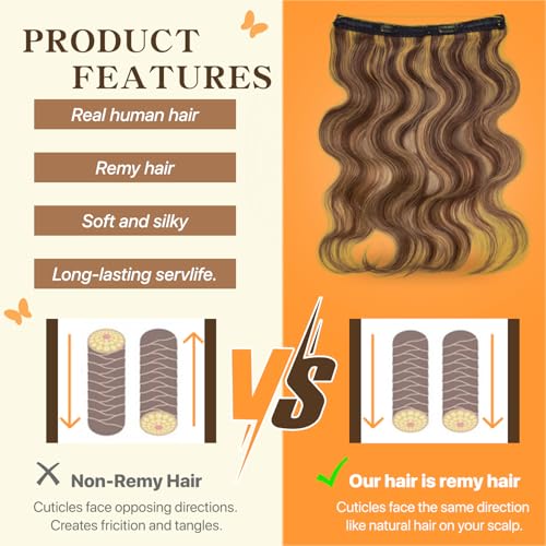Halo Hair Extensions 14 Inch, 100% Real Human Hair, No Tangle & Smooth, Invisible Wire Extensions for Women, 60g, Wavy Curly #Wavy Medium Brown Mixed Dark Blonde
