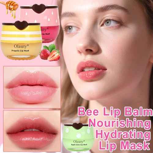 9 PCS Bee Lip Balm Honey Pot, Strawberry, Watermelon, Coconut, Aloe, Cherry, Grape & Peach Flavors, Honey Lip Balm Bulk, Moisturizing Lip Mask Overnight for Dry Cracked Lips, Reduce Lip Lines
