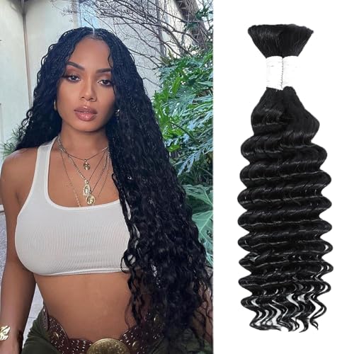 Human Braiding Hair 24 Inch Deep Water Wave Bulk Human Hair for Braiding 12A Brazilian Virgin Curly Hair for Boho Braids Wet and Wavy No Weft 2 Bundles 100g Hair Extensions
