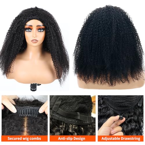 XSY Curly Half Wig Human Hair 16 Inch Kinky Curly Half Wig 200% Density 3 In 1 Drawstring Seamless Flip Over Glueless Wear and Go Half Wigs for Black Women Beginner Friendly Natural Black