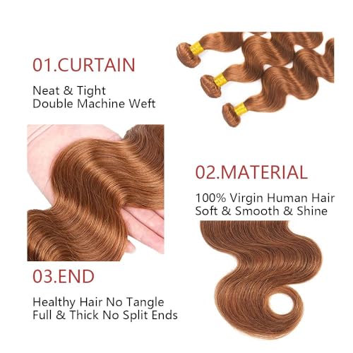 Human Hair Bundles #30 Brown Color Body Wave Brazilian Unprocessed Virgin Human Hair Quick Weave Extensions (20 22 24 Inch Brown Body Wave)