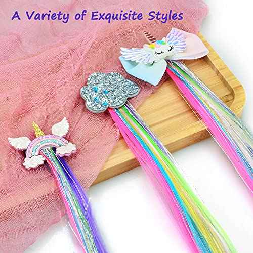 Little World Hair Clips for Girls, 6 Pcs Rainbow Hair Extensions, Unicorn Hair Clips for Girls Toddler Kids Ponytails, Hand-made Cute Glitter Hair Accessories