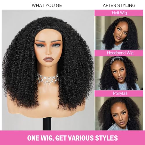 Kinky Curly Half Wig Human Hair Wear Go Glueless Wigs 16 Inch Curly 3 In 1 Half Wigs for Black Women Drawstring Seamless Flip Headband Wig Human Hair Beginner Friendly