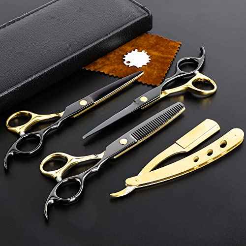 Professional Black Gold Hairdressing Scissors Stainless Steel Barber Hair Cutting Sets Salon Multifunctional Straight Shears Teeth Scissors Thinning Shears Tools for Mother Father's Gift