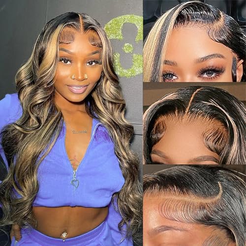 Ombre Lace Front Wig Human Hair Pre Plucked 1B/27 Highlight Lace Front Wig Human Hair with Baby Hair 180 Density 13x4 Body Wave Colored Lace Front Wigs Glueless Wigs 24 Inch