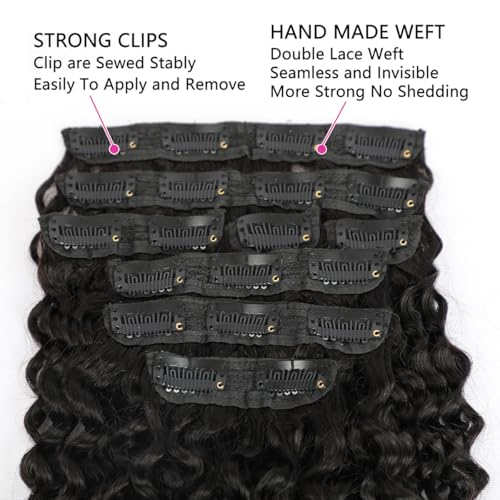 3C 4A Curly Clip In Hair Extension Real Human Hair 24 Inch Kinky Curly Clip in Hair Extensions Real Human Hair Brazilian Remy Human Hair Extensions Double Weft 8Pcs 110g Natural Black