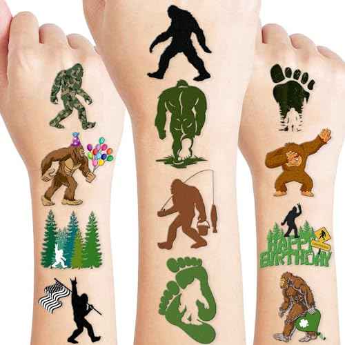 96 PCS Bigfoot Jungle Pre-Cut Temporary Tattoos for Kids Themed Birthday Party Decorations Favors Supplies Super Cute Monster Outdoor Tattoo Stickers Gifts for Boys Girls School Rewards Carnival