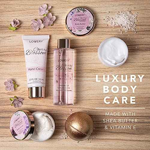 Bath and Body Gift Basket For Women, Cherry Blossom Home Spa Set, Body Lotion, Shower Gel, Extra Large Bath Bomb, Body Butter, Body Scrub, Bath Crystal, Puff & Rose Gold Cosmetic Bag