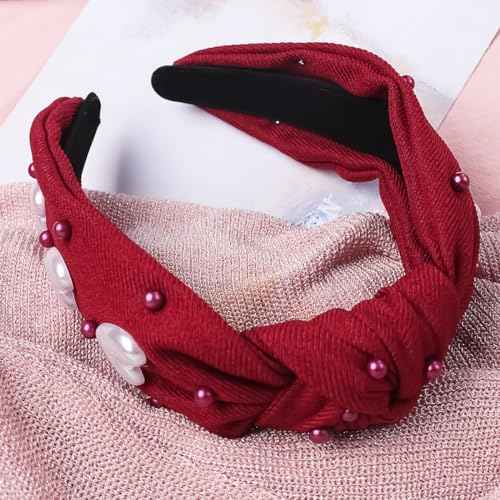 SARATA Valentine Rhinestone Headband for Women, Red Head Bands White Heart and Pink Embellished Crystal Pearl Wide Top Knot Hair Band Christmas Access for Party 1PCS