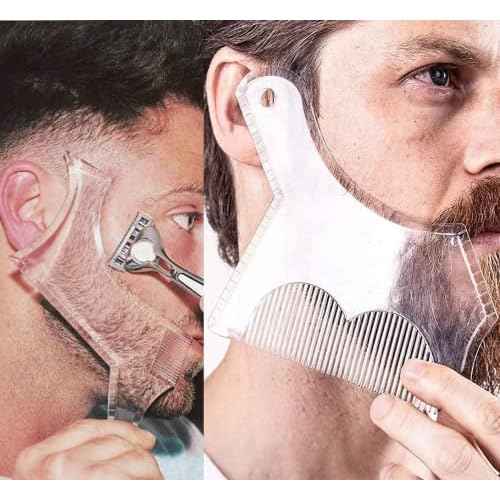 2PCS Men's Beard Shaping Tool Template, Beard Guide Shaper with Inbuilt Comb, Multi-liner Edges Shave for Curve/Straight/Neckline/Goatee/Sideburns (Clear-2pcs)