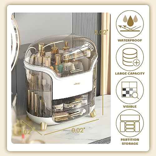 Makeup Organizer, Large Capacity Cosmetic Storage, Skincare Organizer with 2 Storage Drawers, Cosmetics Organizer for Skincare, Lipsticks, Perfume for Bathroom Countertop, Bedroom Dresser (White)