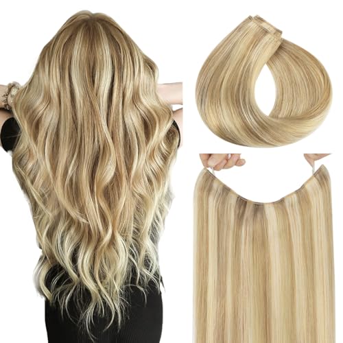 HOTBANANA Wire Hair Extensions, 18 inch 95g Light Blonde Highlighted Golden Blonde (Ash Tone) Fish Line Real Human Hair Straight Invisible Remy Hair Extensions