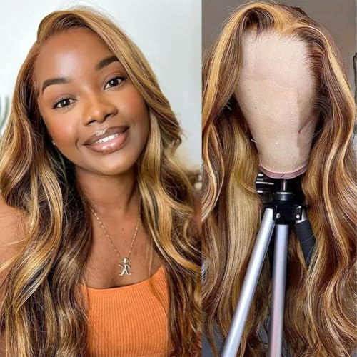 Ombre Human Hair Wig 13x4 Body Wave Lace Front Wigs Human Hair Honey Blonde Wig Human Hair Pre Plucked with Baby Hair 200 Density 4/27 Highlight Glueless Wigs for Black Women 28 Inch