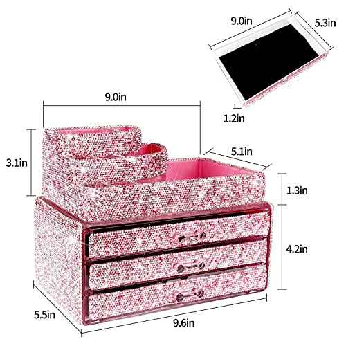 KEYPOWER Makeup Organizers Drawer Bling Diamond,Countertop Jewelry Cosmetic Storage Display Boxes,Makeup Brush Holder,2 Pieces Set(Purely Handmade)(Pink)