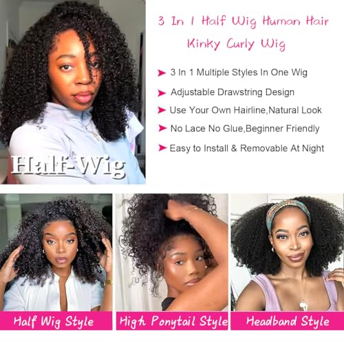 250% Density Half Wig Human Hair Glueless 3 in 1 With Drawstring Seamless Clip in Flip Over Kinky Curly 100% Real Human Hair No Synthetic Blend No Tangle No Shedding 18 Inch Triple Lifespan 3X