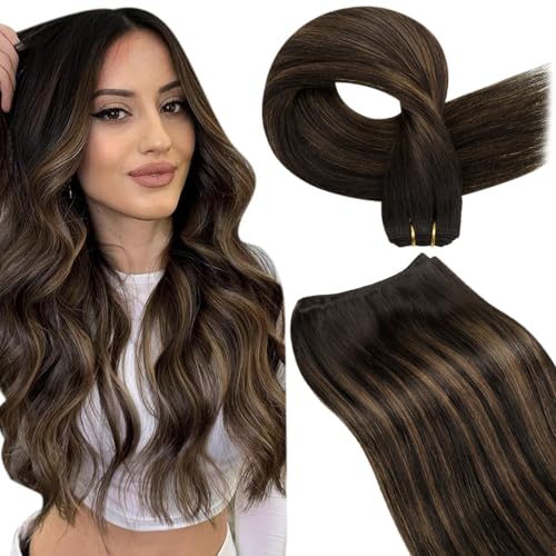 LaaVoo Weft Hair Extensions Human Hair Straight Hair Weft Extensions Dark Brown Ombre Light Brown Balayage Sew in Hair Extensions Real Human Hair Seamless 18 Inch 100g