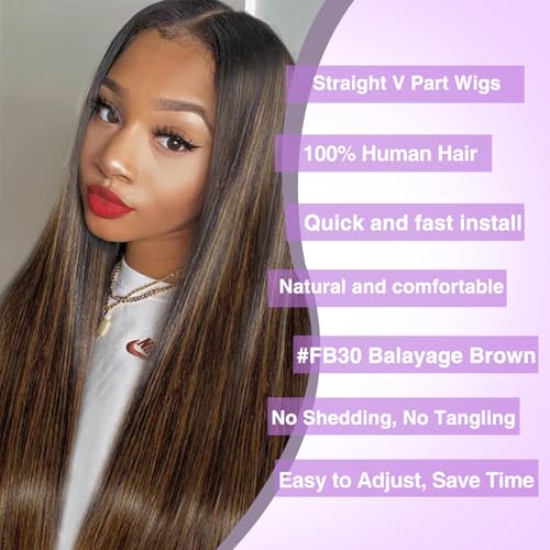 CHEETAHBEAUTY FB30 Ombre V Part Wig Human Hair 16Inch No Leave Out Upgrade Straight U Part Wig Highlight Blonde No Glue Brazilian Virgin Straight Human Hair Wigs for Women Colored Brown 180% Density