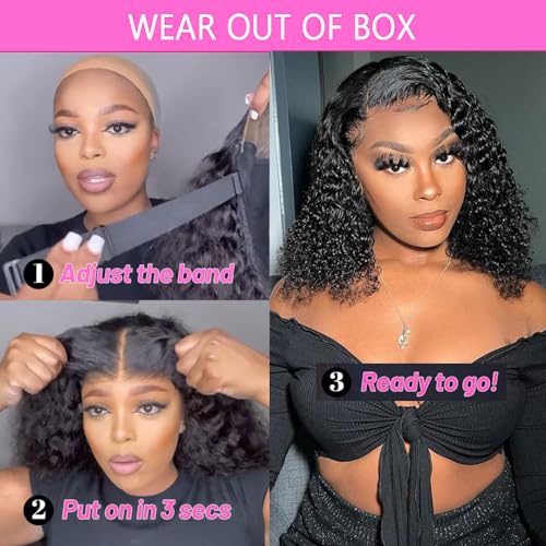 Wear and Go Glueless Wigs Human Hair Pre Plucked Pre Cut Deep Wave Curly Bob Wig Human Hair Lace Front Wigs for Black Women 4x4 Lace Closure Human Hair Bob Wigs Glueless 16 Inch