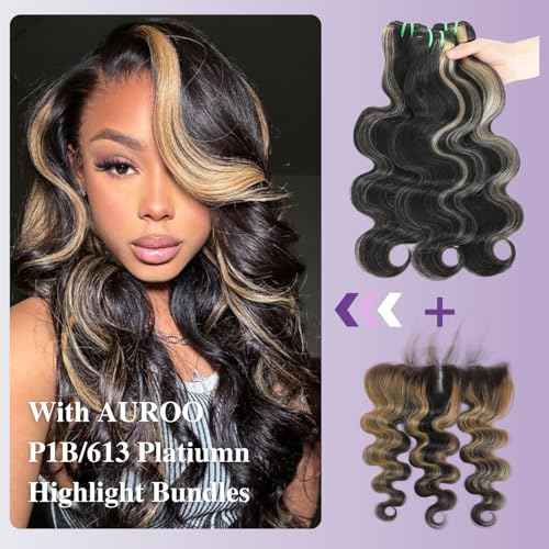 13x4 Honey Blonde Highlight Frontal Closure Only Human Hair Body Wave, 12A Virgin Ombre Skunk Stripe HD Transparent Ear to Ear Lace Frontal Closure Human Hair Pre Plucked (150% Density, 12 Inch)