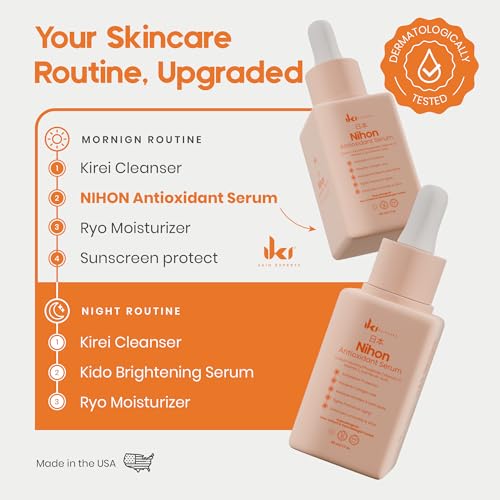 NIHON Antioxidant Serum - Kojic Acid + Ferulic Acid & Vitamin E and Vitamin C Serum for Face - Brightens, Evens Tone & Protects - Clean, Fragrance-Free, Cruelty-Free - 30ml