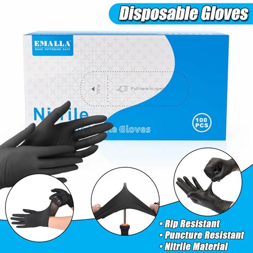 300pcs Disposable Tattoo Ink Cups (8mm/11mm/15mm) + 2 Black Ink Caps Holders + 100 Black Nitrile Gloves, Complete Tattoo Supplies Kit for Artists & Studio