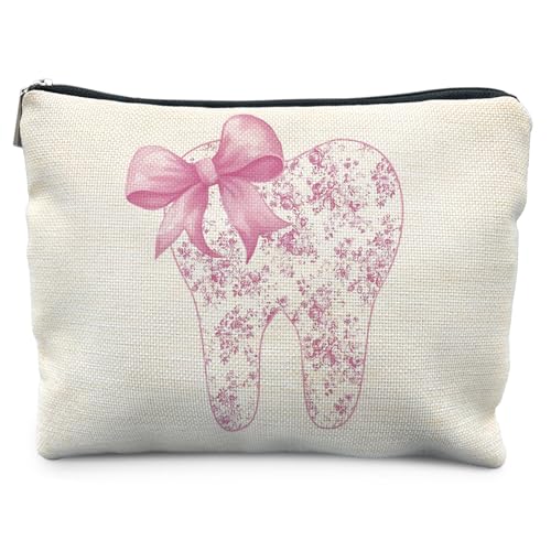 Coquette Pink Chinoiserie Bow Tooth Makeup Bag for Women, Dental Assistant Hygienist Gifts for Women, Dentist Gifts Cosmetic Bag for Purse, Dental Makeup Zipper Pouch