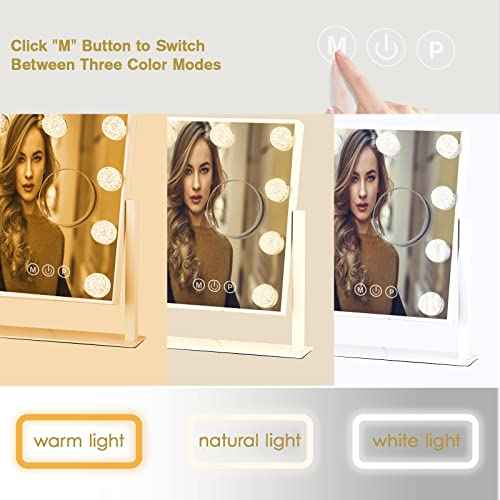 Vanity Mirror with Lights, Hollywood Lighted Makeup Mirror with 3 Color Modes and 9 Dimmable Diamond LED Light Bulbs, Detachable 10X Magnification, 360¡Æ Rotation, Touch Control, White
