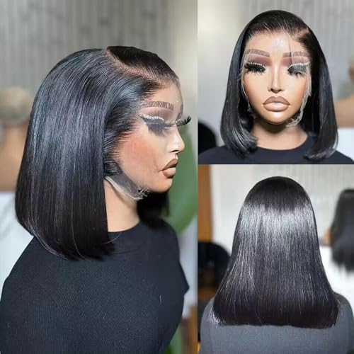 Bob Wig Human Hair 180% Density 13x4 HD Transparent Lace Front Wigs Human Hair Pre Plucked Short Bob Glueless Straight Wigs Human Hair for Women Natural Black 16 Inch