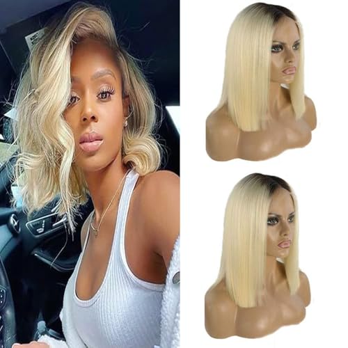 Glueless Ombre Blonde Bob Wigs Real Human Hair, Short Cut Bob Wig Human Hair for Black Women 13x4 HD Frontal Lace Wig 180% Density Dark Roots Pre Plucked Lace Front Wigs 12 Inch Natural Hairline