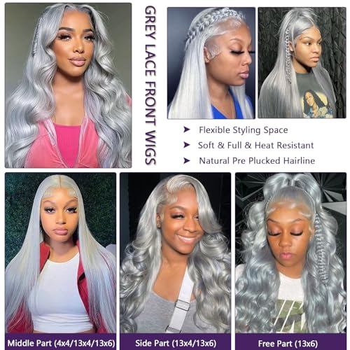 Ubetta Grey Wig Human Hair, 13x6 Grey Lace Front Wigs Human Hair Pre Plucked Glueless HD Lace Front Silver Gray Wigs for Black Women 180% Density 18 Inch Straight Colored Gray Lace Frontal Wig