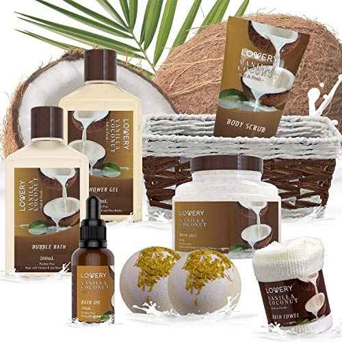 Christmas Gifts For Women Gift Basket for Women? 9 Piece Set of Vanilla Coconut Home Spa Set, Includes Fragrant Lotions, Extra Large Bath Bombs, Coconut Oil, Luxurious Holiday Bath & Body Gift Sets
