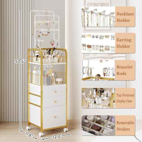 Makeup Organizer Cart with 3 Drawers, Jewelry Organizers and Storage for Earring Necklace, Large Vanity Storage Organizer for Skin Care Perfume Make up Brush Nail Polish Hair Tool (Gold)