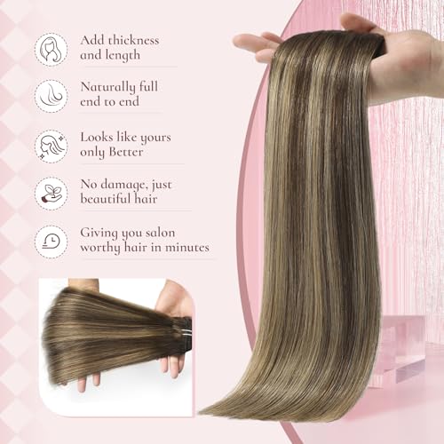 18 Inch Invisible Clip in Real Human Hair Extensions,Balayage Chocolate Brown to Caramel Blonde,85 Gram 7 Pieces With 16 Clips,Remy Thick Straight Hair, No Slip, No Shedding