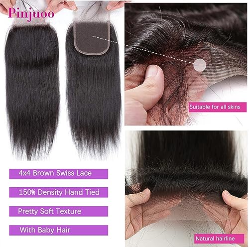 Brazilian Straight Bundles with Closure Human Hair Weave 3 Bundles and 4X4 HD Lace Closure (14 16 18+12 Inch) Unprocessed Virgin Remy Hair Free Part for Women