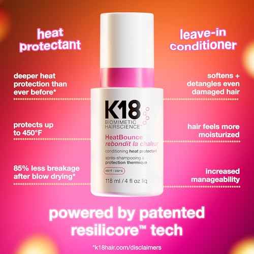 K18 HeatBounce Conditioning Heat Protectant Spray, Lightweight Leave-In Conditioner + 450¢µ (232¡ÆC) Heat Protection, Soften, Smooth + Detangle All Hair Types, 4 Fl Oz Liq