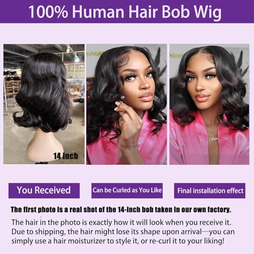 Bob Wig Human Hair Glueless Wigs Human Hair Pre Plucked Pre Cut Body Wave 5x5 Lace Closure Wigs 180 Density 100% Brazilian Virgin Hair Short Wigs for Black Women (16 inch)