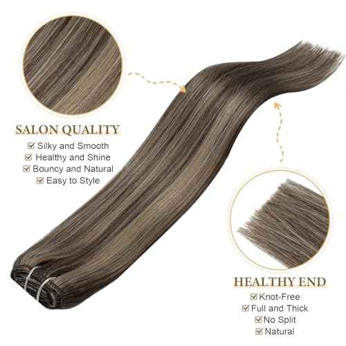 Remy Hair Extensions Clip in Human hair Chocolate Brown To Caramel Blonde Brazilian Clip on Real Human Hair Extensions Natural Straight Clip ins Hair for Women 16 Inch 60G 5 PCS Invisible Double Weft