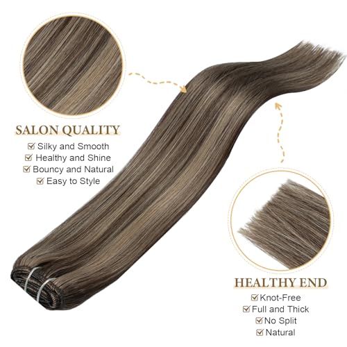 Hair Extensions Clip in Remy Human Hair for Woman Chocolate Brown To Caramel Blonde Invisible Double Weft Straight Clip ins Hair Brazilian 20 Inch 60G 5 PCS Clip on Real Human Hair Extensions