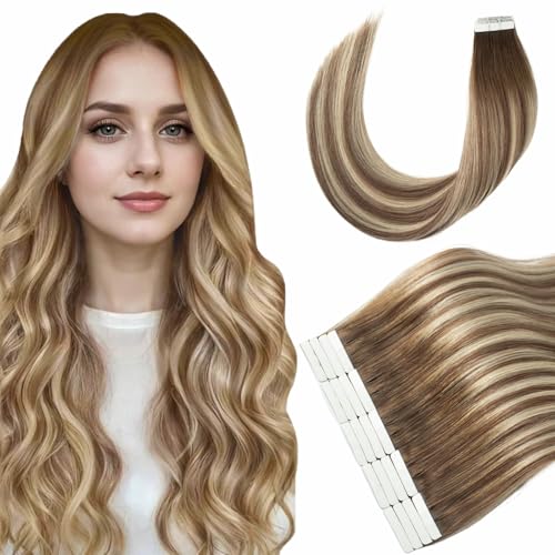 Tape in Hair Extensions Human Hair, 20pcs 50g 18 Inch Tape in Hair Extensions, Balayage Walnut Brown To Ash Brown Mix Light Blonde,Invisible Remy Silky Straight Real Natural Thick Human Hair