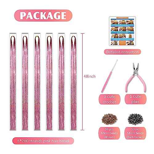Pink Fairy Hair Tinsel Kit 48 Inches 1200 Strands with Tools and Instruction Easy to Install Glitter Tinsel Hair Extensions for Women and Girls£¬Shinny Sparkling Braiding Hair Accessories for Halloween Cosplay Party