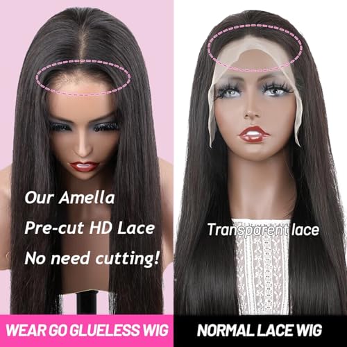 Amella Wear and Go Glueless Wigs Human Hair Pre Plucked Pre Cut 16 Inch 200% Density 13x4 Hd Lace Closure Wigs Human Hair Glueless Wigs for Black Women Glueless Pre Cut Pre Plucked Bleached Knots Wig