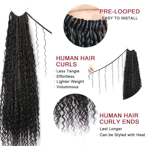 Crochet Boho Box Braids With Human Hair Pre Looped Hair Goddess Box Braids With Human Hair Curly Full Ends Hair Extensions For Women Natural Black Color 18inch 1 Pack(40 Strands)
