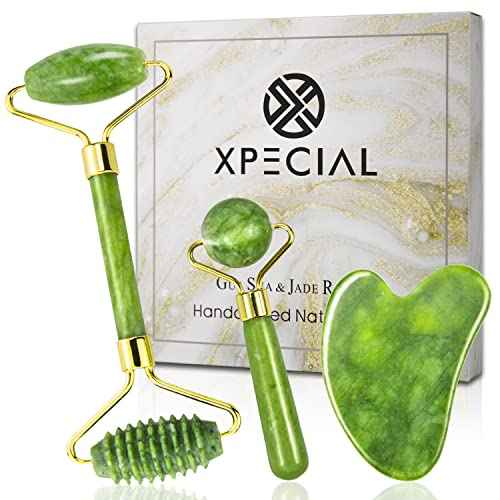 Gua Sha & Jade Roller 3 in 1, Face Roller, Guasha Facial Massage Skin Care Tool Set, Massager for Removal of Wrinkles & Eye Puffiness, Anti-Aging & Body Relaxation