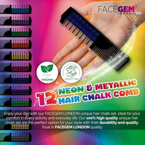 12 Hair chalks comb, 12 NEON & METALLIC hair chalk, Non-Toxic Easy Washable Hair Dye Colourful, METALLIC & NEON hair chalk -Perfect for Festivals, Halloween, Party, hair chalks for girls