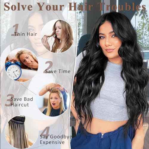 ALXNAN Clip in Long Wavy Synthetic Hair Extension 24 Inch Black 4PCS Thick Hairpieces Fiber Double Weft Hair for Women