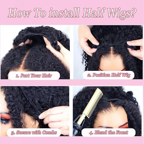 Curly Half Wig Human Hair 180% Density Deep Wave Glueless Wigs Upgrade 3 In 1 Wigs Beginner Friendly Seamless Flip Over Drawstring Curly Wig Ready to Go Headband Wig Natural Black Color 16 Inch
