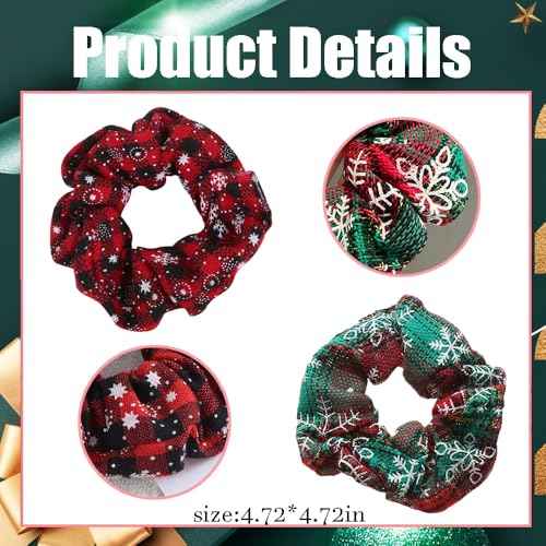 Christmas Hair Scrunchies Snowflake Hair Bands Soft Elastic Scrunchy Ponytail Holder Hair Ties Red Green Snow Flake Plaid Design Hair Scrunchy for Women Girls Silk Hair Ropes Festival Party Supplies