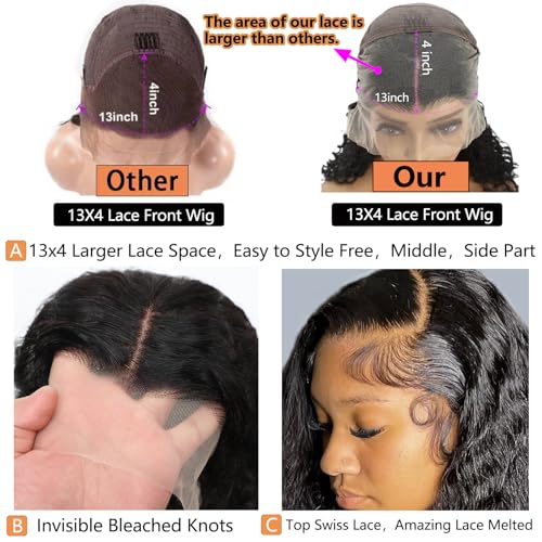 Curly Bob Wig Human Hair 13x4 Deep Wave HD Lace Front Wigs Human Hair 220% Density Short Curly Wet And Wavy Human Hair Wigs for Black Women Glueless curly Wig With Baby Hair (Natural Black, 16 Inch)